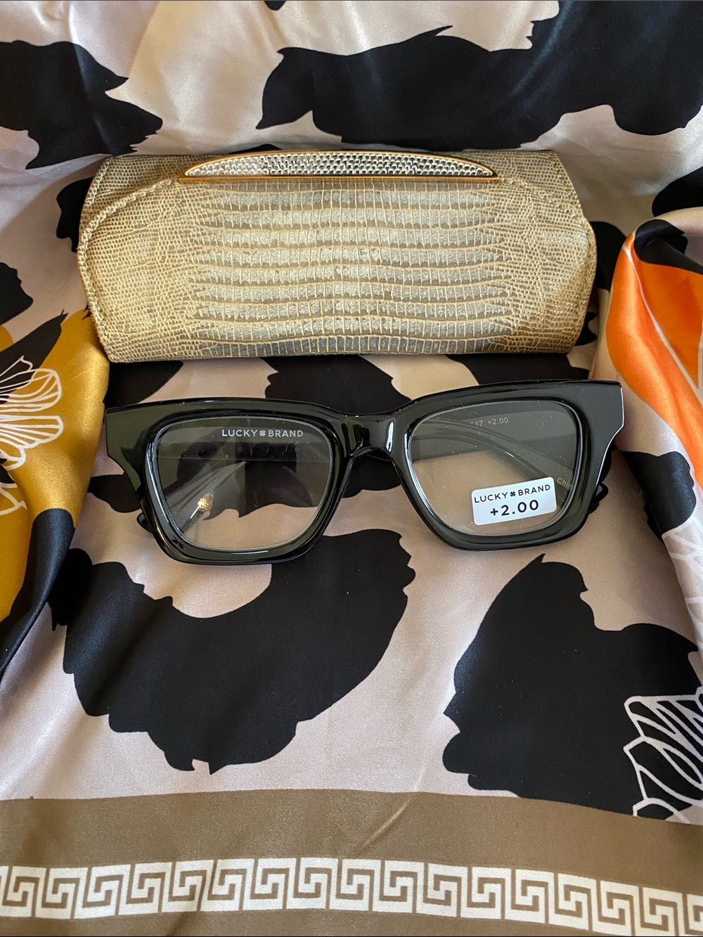 Lucky Brand Shiny Black Fashionable Unisex Frames +2 Readers NWT